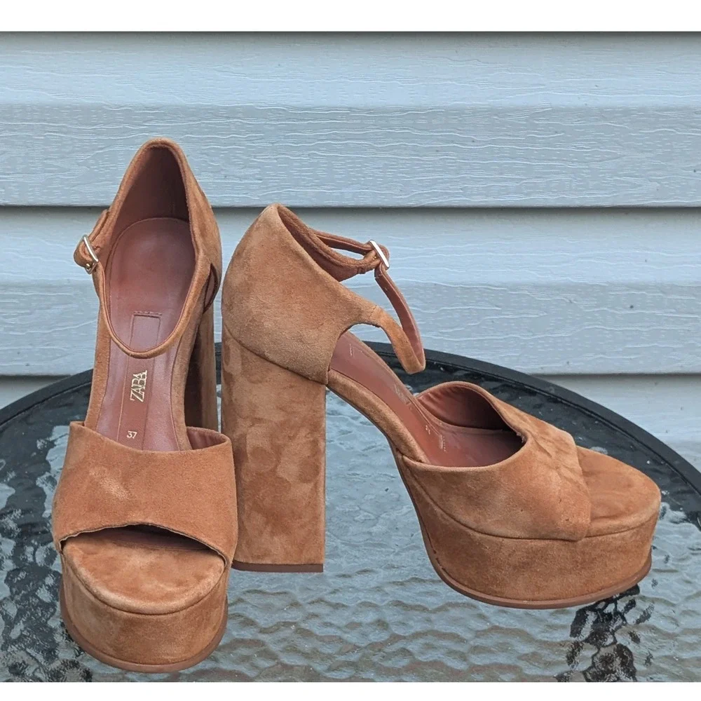Zara EU 37 US 7 Brown Faux Suede Platform Block Heel Ankle Strap Sandals Retro